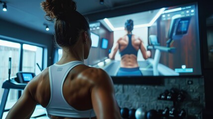 A woman engaged in a workout session at the gym while looking at a video screen for guidance from an AI-powered virtual fitness coach - obrazy, fototapety, plakaty