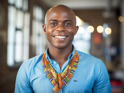 A man wearing a blue shirt and a colorful necklace is smiling