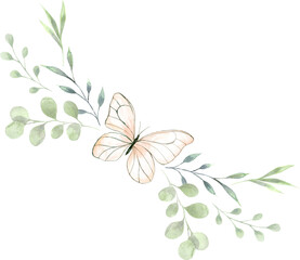 Watercolor arrangement with butterfly and green foliage.