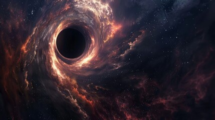 A black hole at the center of a space filled with stars and gas, creating a captivating cosmic scene