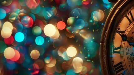 A close-up view of a clock with a blurry background, capturing sparkling bokeh lights of various...