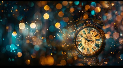 A clock is placed on a table, with bokeh lights shimmering in the background - obrazy, fototapety, plakaty