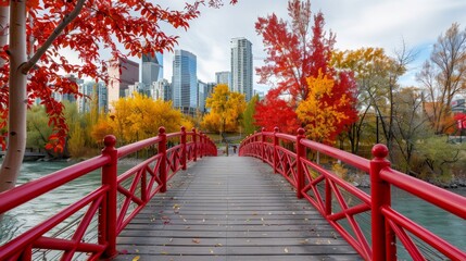 Calgary, AB, Canada - OCT 08 2020 : Prince's Island Park Peace bridge. Autumn foliage scenery in downtown Calgary Bow river bank.