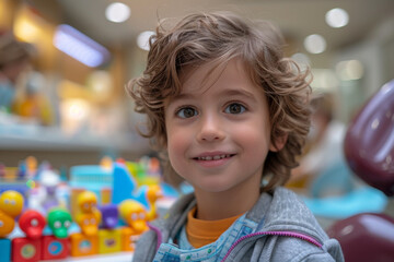Adorable Young Boy with Curly Hair Enjoying Toy Store Adventure