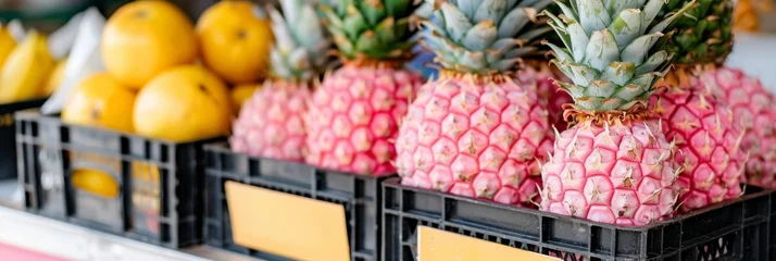 Foto op Plexiglas Fresh Pineapples and Citrus Fruits Displayed in Market Bins © artem