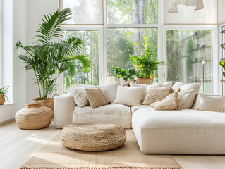 Sala de estar aconchegante e minimalista, inspirada na natureza e no bem estar - obrazy, fototapety, plakaty