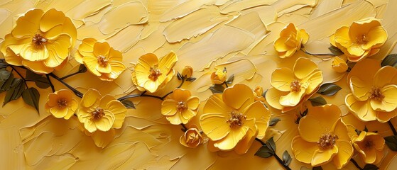 Flowers and leaves. A luminous golden texture. Prints, wall papers, posters, cards, murals, carpets, decorations, wall paintings, posters...