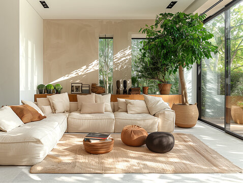 Sala de estar aconchegante e minimalista, inspirada na natureza e no bem estar