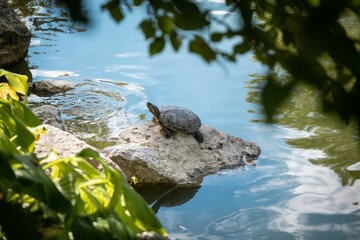 Adorable Red-eared slider turtle on a rock by shallow lake