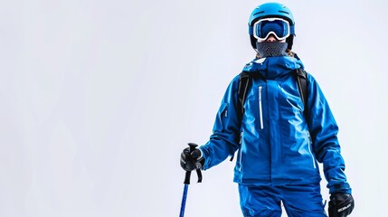 Ski Instructor in ski gear, with ski poles and goggles, isolated on white background
