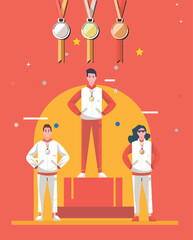 Vector of Three  athletes at the podium during the award ceremony over a red background