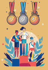 Vector of Three athletes at the podium during the award ceremony 