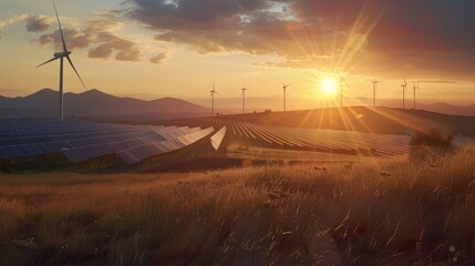 A solar farm and wind turbines against the backdrop of a beautiful sunset