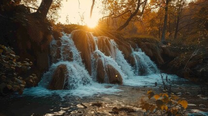 Captivating evening view of pure water waterfall in Plitvice National Park. Spectacular autumn sunset in Croatia, Europe. Beauty of nature concept background. - obrazy, fototapety, plakaty