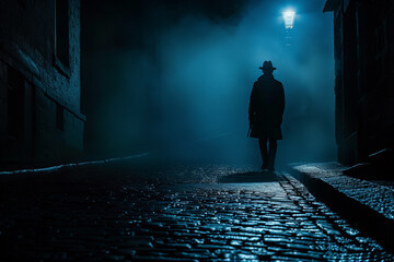 Solitary detective waiting in a dimly lit urban alley, prepared for action - obrazy, fototapety, plakaty