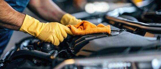 A man is cleaning a car engine with a yellow cloth by AI generated image