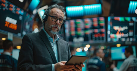 Stock Market Trader Analyzing Data on Tablet at Exchange