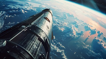 The space shuttle is flying high above the Earth in this dynamic scene captured from a first-person view from the rocket