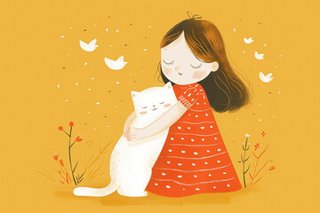 Girl embracing a cat in a whimsical illustration. Generative AI image