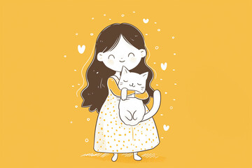 Girl lovingly holding a content cat illustration. Generative AI image