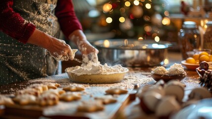 A person is busy in the kitchen, preparing food on a table for holiday baking with family members