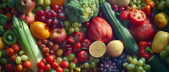 Variety of colorful fresh fruits and vegetables spread out. - obrazy, fototapety, plakaty