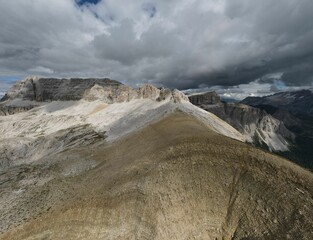 Aerial view of natural rocky scenery near the Dolomites Mountains in Italy