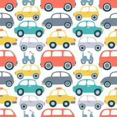 Vector cars seamless pattern on white background. Flat vector transport pattern in childish style