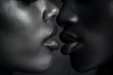 Close-up of two lips in a tender kiss. Generative AI