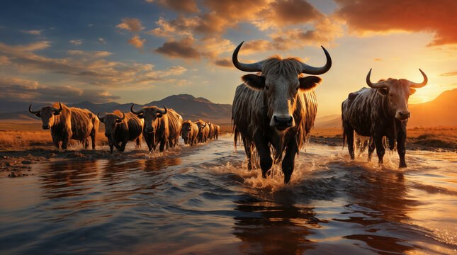 Majestic herd of wildebeest crossing river at sunset. Generative AI image