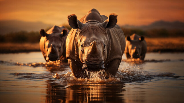 Rhinos charging through water at sunset. Generative AI image