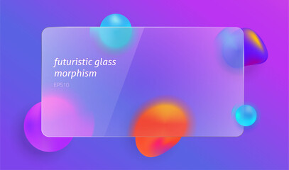 Blurred glass morphism frosted effect neon colorful transparent vector, matte glassmorphism plastic panel screen purple magenta color graphic element realistic modern text frame design window image