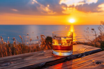 A glass of whiskey stands on the table, a beautiful sunset on the lake.