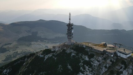 Transmission tower in the mountain peaks of the Dolomites in Italy