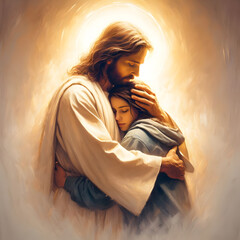Jesus hugging young girl oil painting
