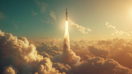 A rocket launching vertically into the sky above billowing clouds of smoke - obrazy, fototapety, plakaty