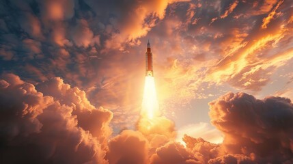 A rocket launching vertically into the sky, surrounded by clouds of smoke - obrazy, fototapety, plakaty