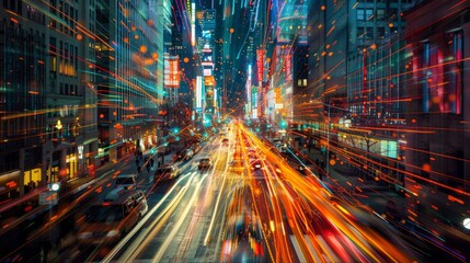 Fototapeta na wymiar A commercial photography timelapse cityscape at midnight capturing the hustle and bustle of city life with streaks of light from heavy traffic