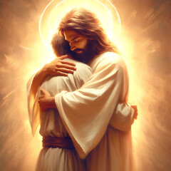 Jesus embracing young man while entering heaven