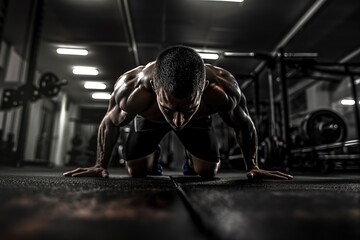 Muscular man in focus doing push-ups, showcasing strength and determination with gym equipment blurred in the background. - obrazy, fototapety, plakaty