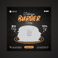 Delicious Burger, Food Social Media Post Design or Web Banner Design Template