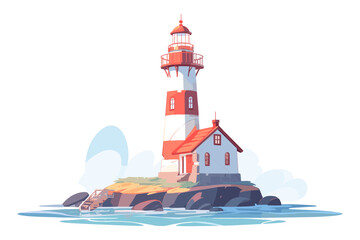 An idyllic illustration depicting a lighthouse standing on a rocky islet surrounded by calm seas under a clear sky. - obrazy, fototapety, plakaty