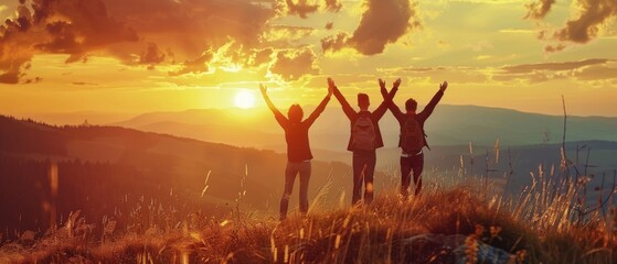 A group of very happy friends stands with their arms raised and enjoys the sunset at sunset mountain