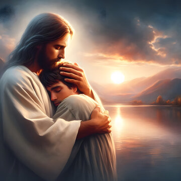 Jesus hugs and welcoming man in heaven with love