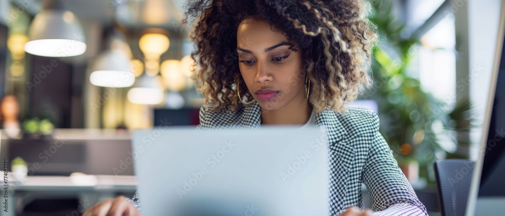 Poster Female Multiethnic Developer Working on a Laptop Computer in a Creative Office Environment. Beautiful Diverse Latina Project Manager Scheduling a Project.
