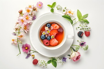 Beautiful layout of a cup of tea, berries and fragrant herbs. Flat layout. Aesthetics of nutrition.