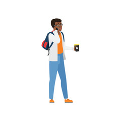 Student character talking on phone. Student boy with takeaway coffee cartoon vector illustration