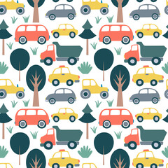 Cute kids transport and trees pattern. Vector flat style trees and plants seamless pattern. Cars, trucks, tractor and van.
