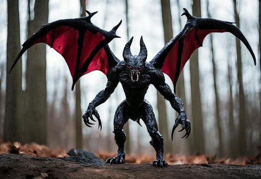 The legendary Jersey Devil prowls in the woods, its presence ominous. With horns like a devil, wings poised for flight, and clawed hands and feet, instilling fear into any who encounter it.