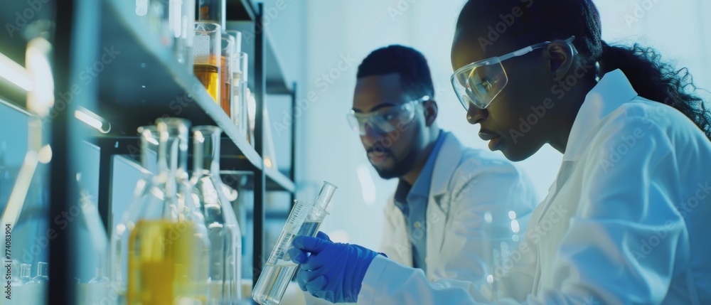 Aufkleber an advanced laboratory for cell biology, microbiology, and biotechnology. two scientists are analyzi